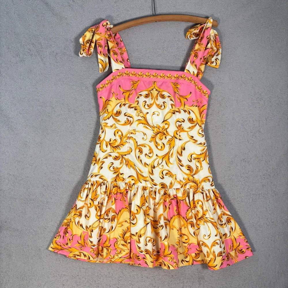 NWT Agua Bendita Joaquina Mini Dress Size M Baroque Print Pink Gold‎ White